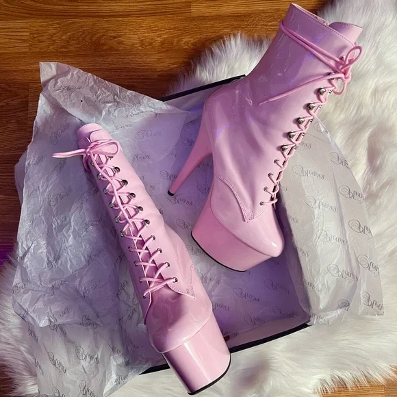 🌸 {nib} Pleasers Adore 7” Stiletto Lace-Up Ankle Boot Heels 12 - Picture 3 of 13